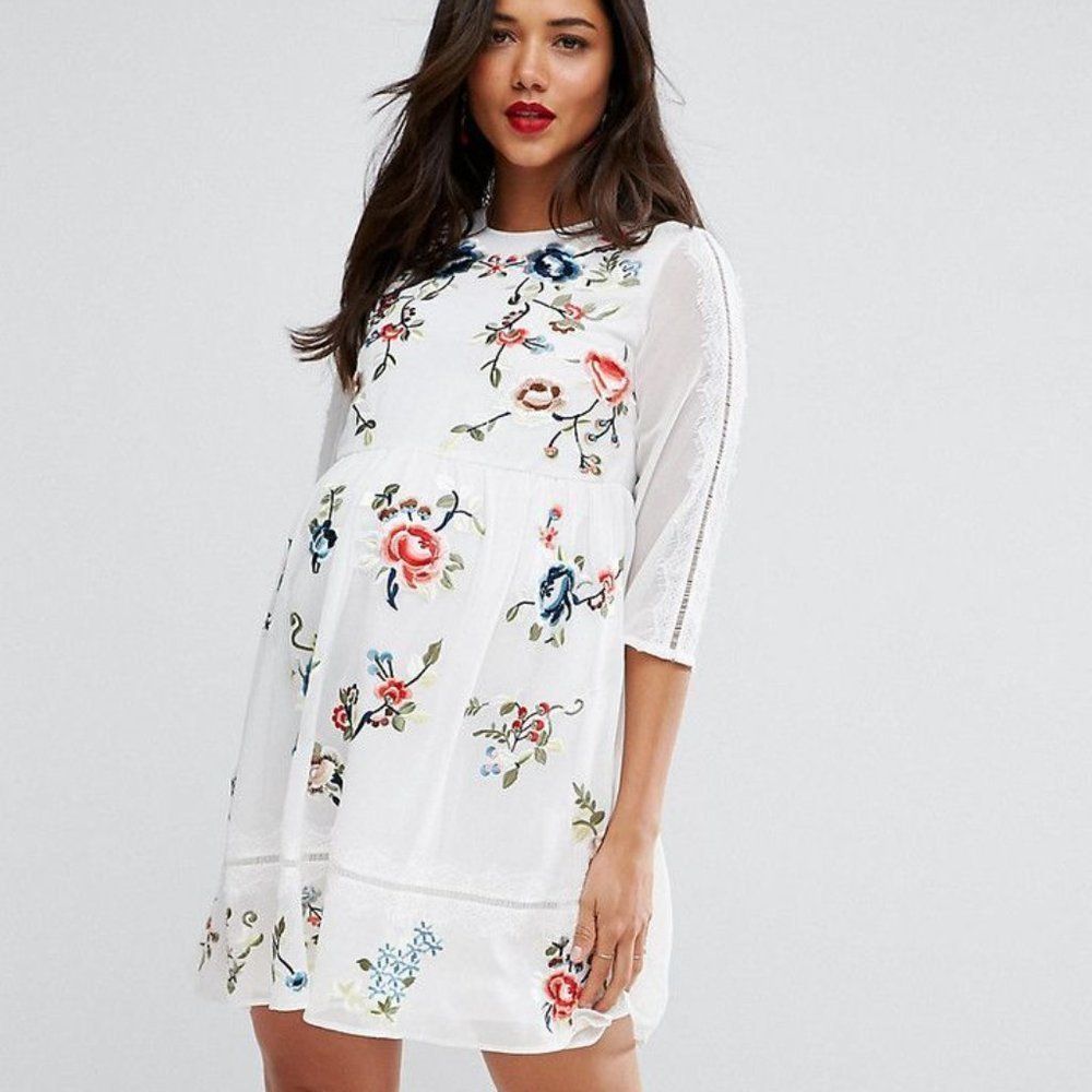 Asos Maternity | White Embroidered Babydoll Dress Sz 10